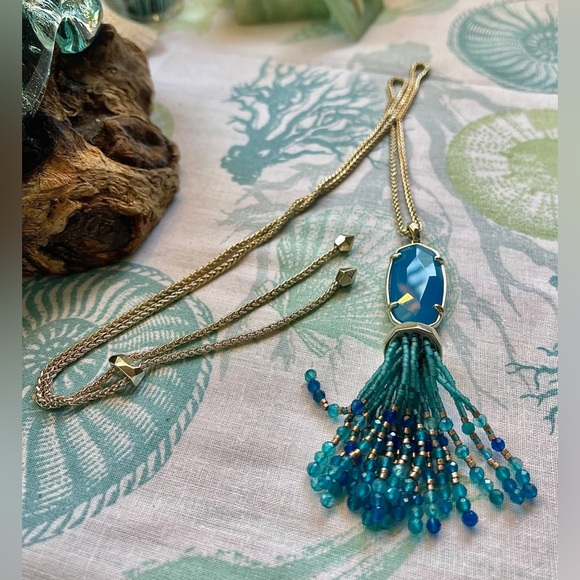 Kendra Scott NWOT Eva Teal Agate Long Long Pendant Necklace Adj Length Chain - Picture 9 of 11